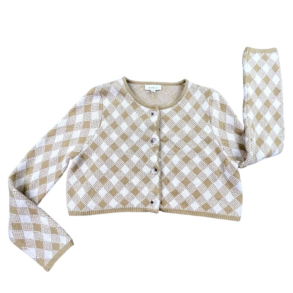 MABLE Women's Argyle Cropped Cardigan L Beige Cream Button Front Soft Knit‎